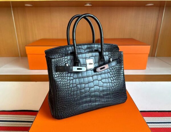 H Factory Bags Birkin Matte Alligator Crocodile CK89 Black Silver Hardware 30cm Full Handmade