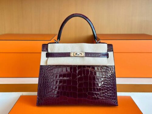 H Factory Bags Kelly Shiny Alligator Crocodile N5 Grape Purple Silver Hardware 25cm Full Handmade
