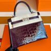 H Factory Bags Kelly Shiny Alligator Crocodile N5 Grape Purple Silver Hardware 25cm Full Handmade