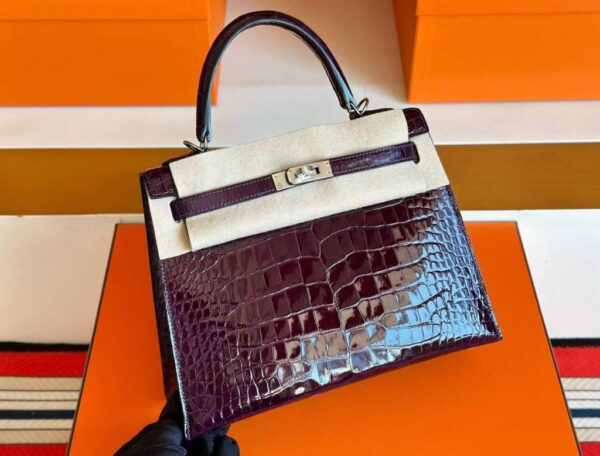 H Factory Bags Kelly Shiny Alligator Crocodile N5 Grape Purple Silver Hardware 25cm Full Handmade
