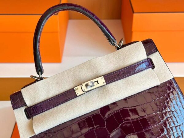H Factory Bags Kelly Shiny Alligator Crocodile N5 Grape Purple Silver Hardware 25cm Full Handmade