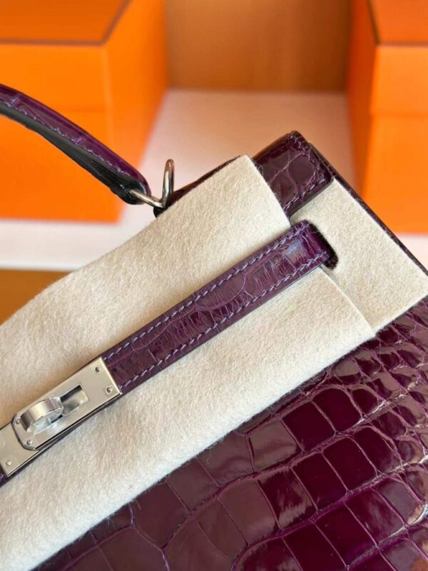 H Factory Bags Kelly Shiny Alligator Crocodile N5 Grape Purple Silver Hardware 25cm Full Handmade