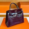 H Factory Bags Kelly Shiny Alligator Crocodile N5 Grape Purple Silver Hardware 25cm Full Handmade