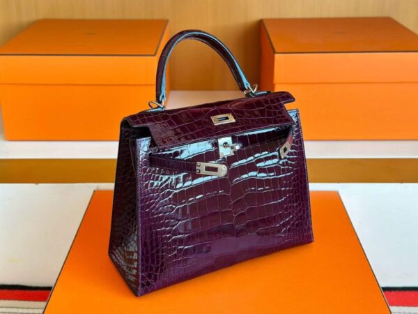 H Factory Bags Kelly Shiny Alligator Crocodile N5 Grape Purple Silver Hardware 25cm Full Handmade