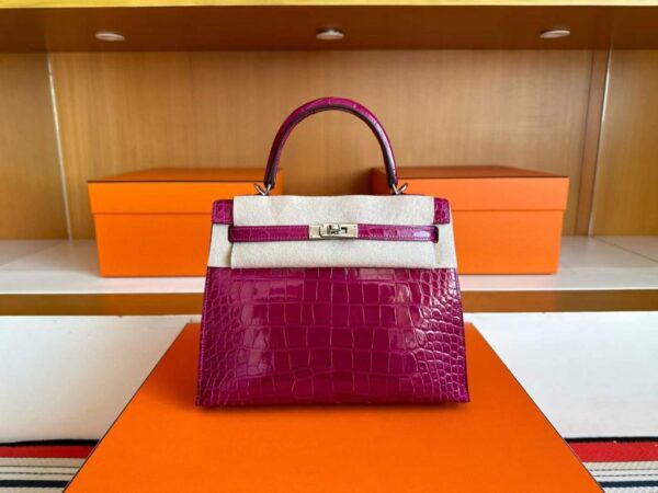 H Factory Bags Kelly Shiny Alligator Crocodile J5 Rose Purple Pink Silver Hardware 25cm Full Handmade