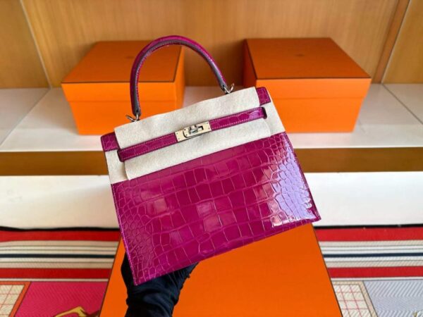 H Factory Bags Kelly Shiny Alligator Crocodile J5 Rose Purple Pink Silver Hardware 25cm Full Handmade