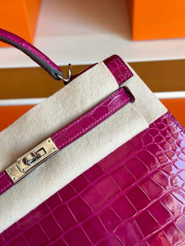 H Factory Bags Kelly Shiny Alligator Crocodile J5 Rose Purple Pink Silver Hardware 25cm Full Handmade