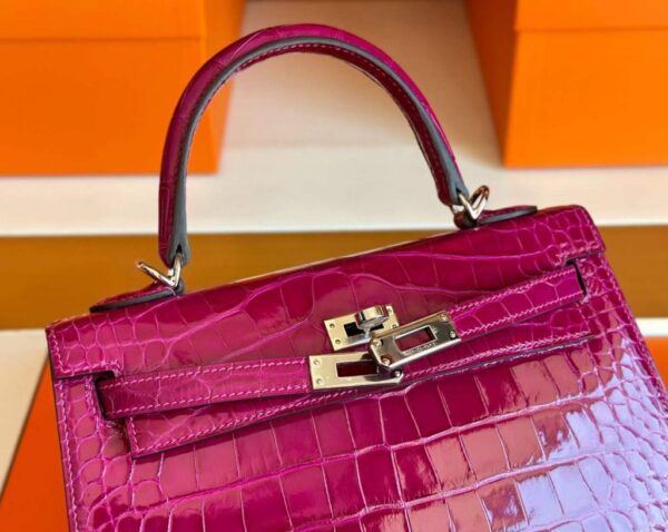 H Factory Bags Kelly Shiny Alligator Crocodile J5 Rose Purple Pink Silver Hardware 25cm Full Handmade