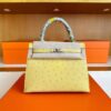 H Factory Bags Kelly Ostrich Leather 9R Lemon Yellow Silver Hardware 25cm Full Handmade