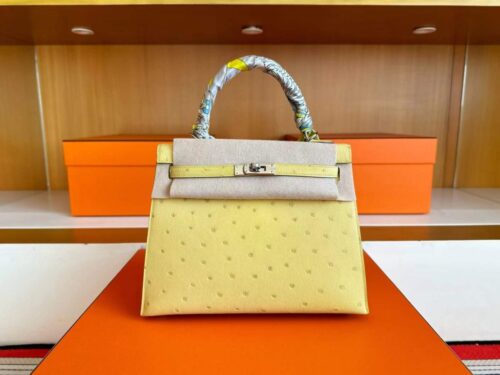 H Factory Bags Kelly Ostrich Leather 9R Lemon Yellow Silver Hardware 25cm Full Handmade