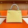 H Factory Bags Kelly Ostrich Leather 9R Lemon Yellow Silver Hardware 25cm Full Handmade