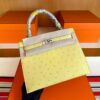 H Factory Bags Kelly Ostrich Leather 9R Lemon Yellow Silver Hardware 25cm Full Handmade