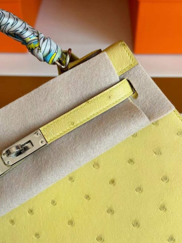 H Factory Bags Kelly Ostrich Leather 9R Lemon Yellow Silver Hardware 25cm Full Handmade