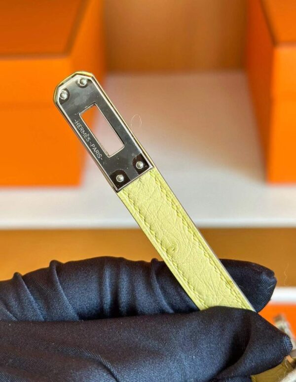 H Factory Bags Kelly Ostrich Leather 9R Lemon Yellow Silver Hardware 25cm Full Handmade