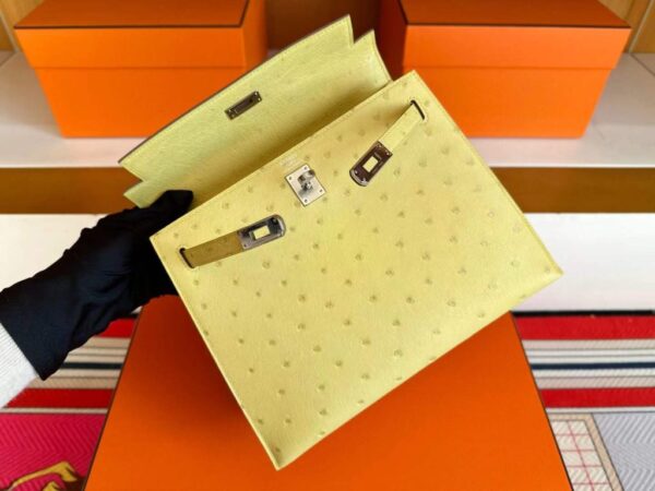 H Factory Bags Kelly Ostrich Leather 9R Lemon Yellow Silver Hardware 25cm Full Handmade