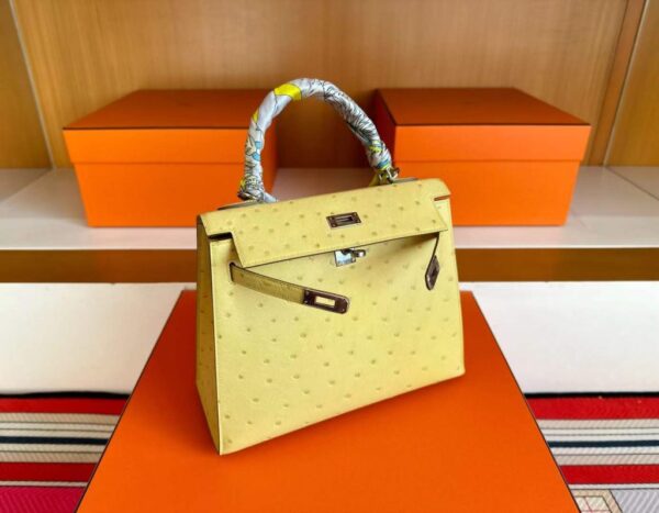 H Factory Bags Kelly Ostrich Leather 9R Lemon Yellow Silver Hardware 25cm Full Handmade