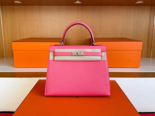 H Factory Bags Kelly Epsom Leather Rose Pink Silver Hardware 25cm Full Handmade