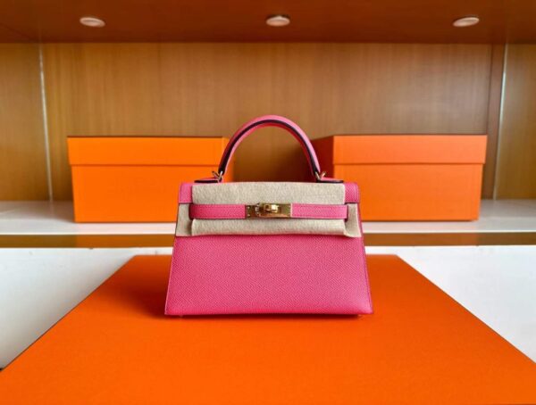 H Factory Bags Mini Kelly Epsom Leather Rose Pink Gold Hardware 19cm Full Handmade