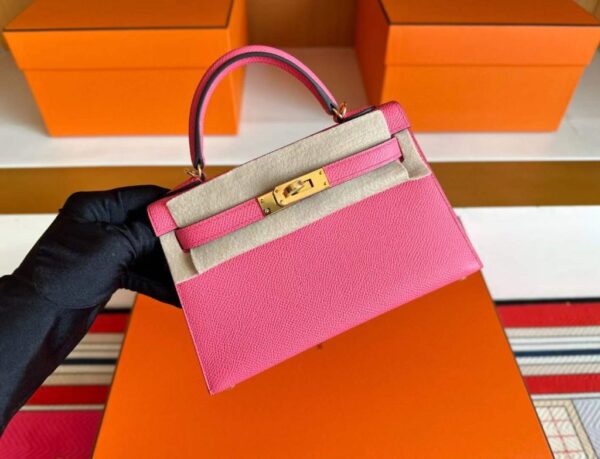 H Factory Bags Mini Kelly Epsom Leather Rose Pink Gold Hardware 19cm Full Handmade