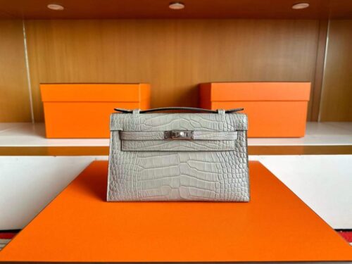 H Factory Bags Kelly Pochette Matte Alligator Crocodile CK80 Pearl Grey Silver Hardware 22cm Full Handmade