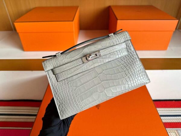 H Factory Bags Kelly Pochette Matte Alligator Crocodile CK80 Pearl Grey Silver Hardware 22cm Full Handmade