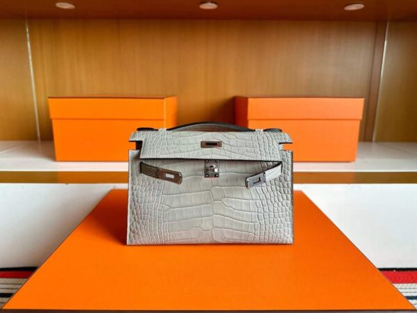 H Factory Bags Kelly Pochette Matte Alligator Crocodile CK80 Pearl Grey Silver Hardware 22cm Full Handmade