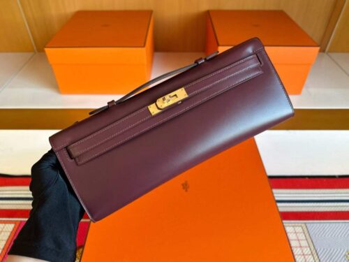 H Factory Bags Kelly cut Shiny Box Leather Bordeaux Red Gold Hardware 31cm Full Handmade