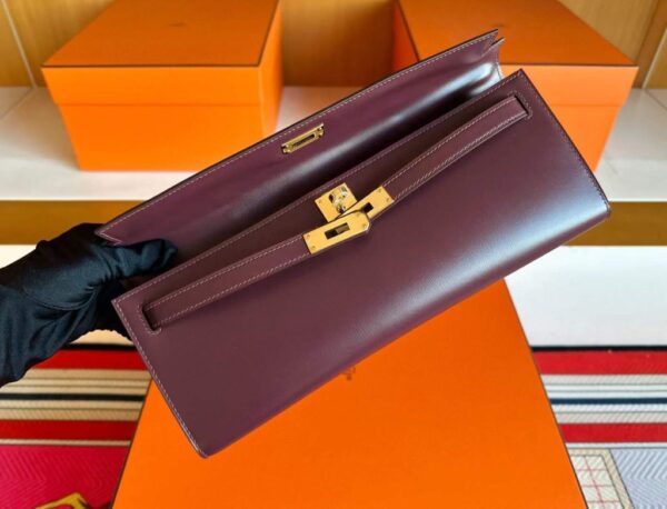 H Factory Bags Kelly cut Shiny Box Leather Bordeaux Red Gold Hardware 31cm Full Handmade
