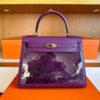 H Factory Bags Kelly Swift Leather Peacock Feathers Violet Purple Gold Hardware 28cm Full Handmade