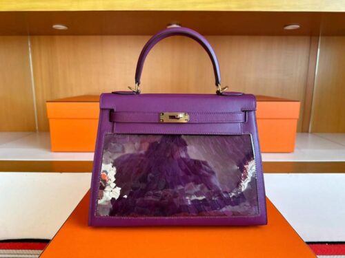 H Factory Bags Kelly Swift Leather Peacock Feathers Violet Purple Gold Hardware 28cm Full Handmade