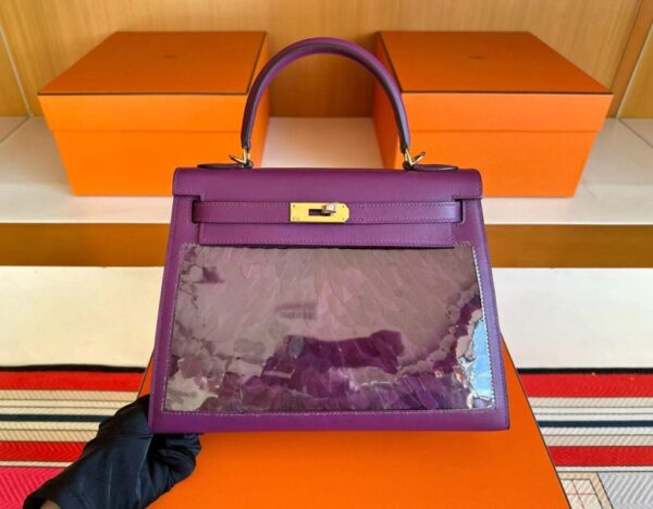 H Factory Bags Kelly Swift Leather Peacock Feathers Violet Purple Gold Hardware 28cm Full Handmade