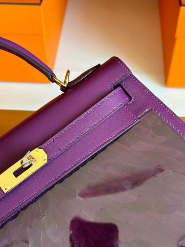 H Factory Bags Kelly Swift Leather Peacock Feathers Violet Purple Gold Hardware 28cm Full Handmade