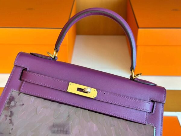H Factory Bags Kelly Swift Leather Peacock Feathers Violet Purple Gold Hardware 28cm Full Handmade