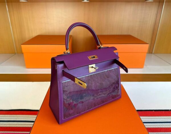 H Factory Bags Kelly Swift Leather Peacock Feathers Violet Purple Gold Hardware 28cm Full Handmade