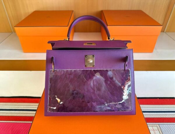 H Factory Bags Kelly Swift Leather Peacock Feathers Violet Purple Gold Hardware 28cm Full Handmade