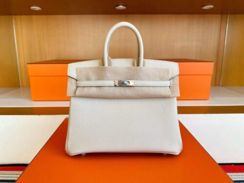 H Factory Bags Birkin Chever Leather Cream White Silver Hardware 25cm Full Handmade