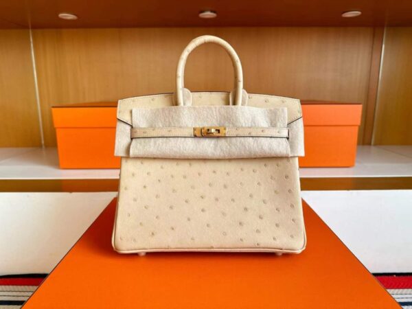 H Factory Bags Birkin Ostrich Leather OM Tea Khaki Gold Hardware 25cm Full Handmade