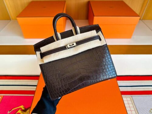 H Factory Bags Birkin Matte Alligator Crocodile CK41 Deep Brown Silver Hardware 20cm Full Handmade