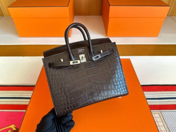H Factory Bags Birkin Matte Alligator Crocodile CK41 Deep Brown Silver Hardware 20cm Full Handmade