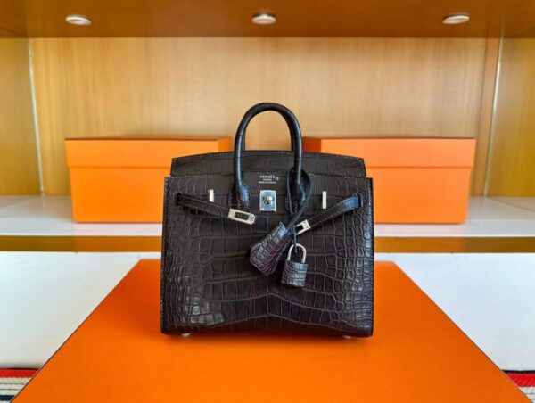 H Factory Bags Birkin Matte Alligator Crocodile CK41 Deep Brown Silver Hardware 20cm Full Handmade