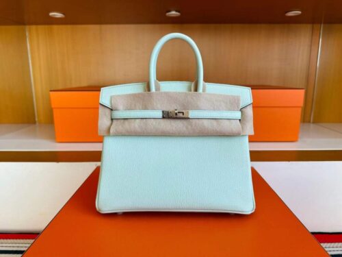 H Factory Bags Birkin Chever Leather N3 Mint Green Silver Hardware 25cm Full Handmade