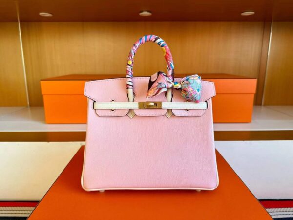 H Factory Bags Birkin Chever Leather 3Q New Pink & Cream White Gold Hardware 25cm Full Handmade