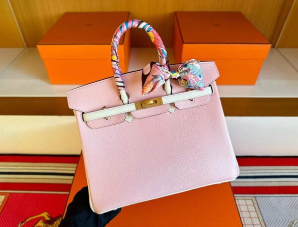 H Factory Bags Birkin Chever Leather 3Q New Pink & Cream White Gold Hardware 25cm Full Handmade