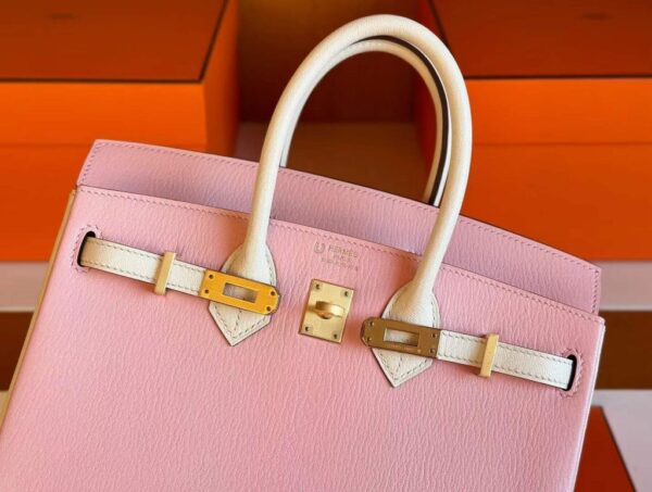 H Factory Bags Birkin Chever Leather 3Q New Pink & Cream White Gold Hardware 25cm Full Handmade