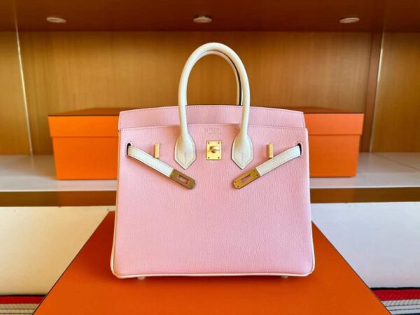 H Factory Bags Birkin Chever Leather 3Q New Pink & Cream White Gold Hardware 25cm Full Handmade