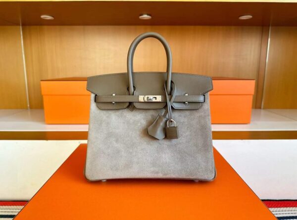 H Factory Bags Birkin Swift & Chamois Leather Etoupe Grey Silver Hardware 25cm Full Handmade