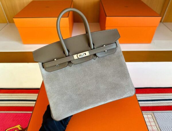 H Factory Bags Birkin Swift & Chamois Leather Etoupe Grey Silver Hardware 25cm Full Handmade