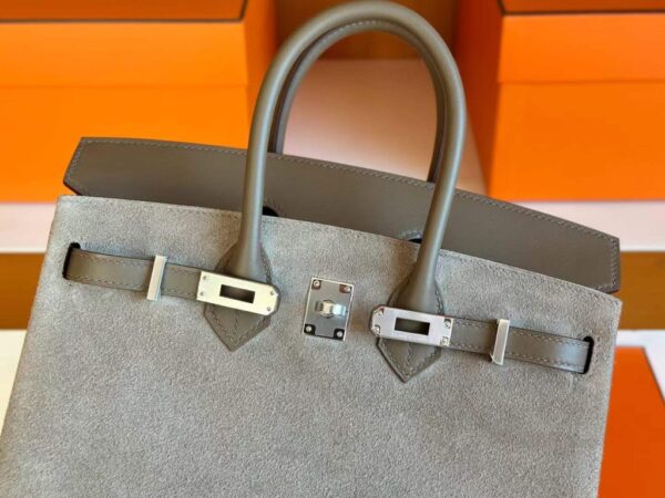 H Factory Bags Birkin Swift & Chamois Leather Etoupe Grey Silver Hardware 25cm Full Handmade