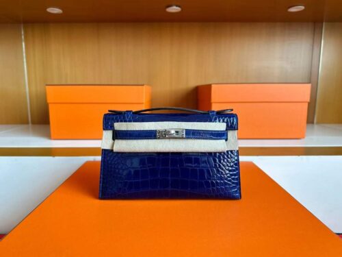H Factory Bags Mini Kelly Pochette Shiny Alligator Crocodile Shiny Blue Silver Hardware 22cm Full Handmade