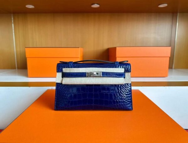 H Factory Bags Mini Kelly Pochette Shiny Alligator Crocodile Shiny Blue Silver Hardware 22cm Full Handmade